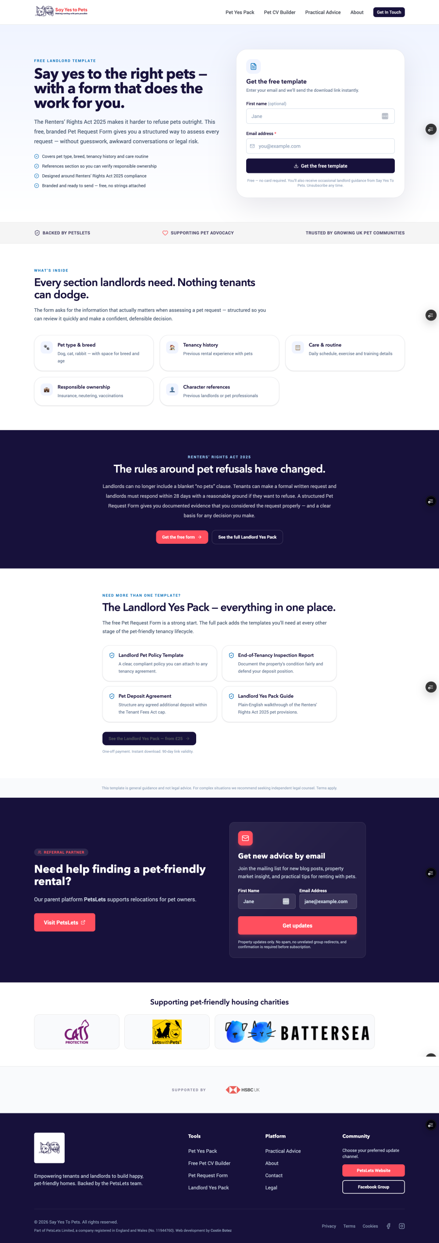 Free Pet Request Form landing page with email lead-capture form for landlords