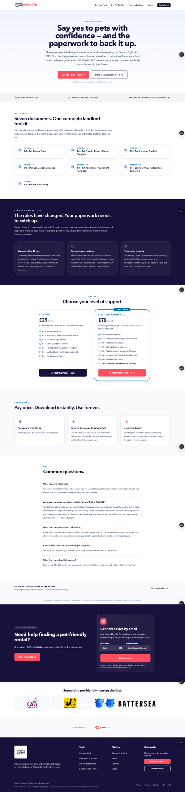 Landlord Yes Pack sales page with seven included templates, Renters' Rights Act 2025 messaging and £25/£79 pricing