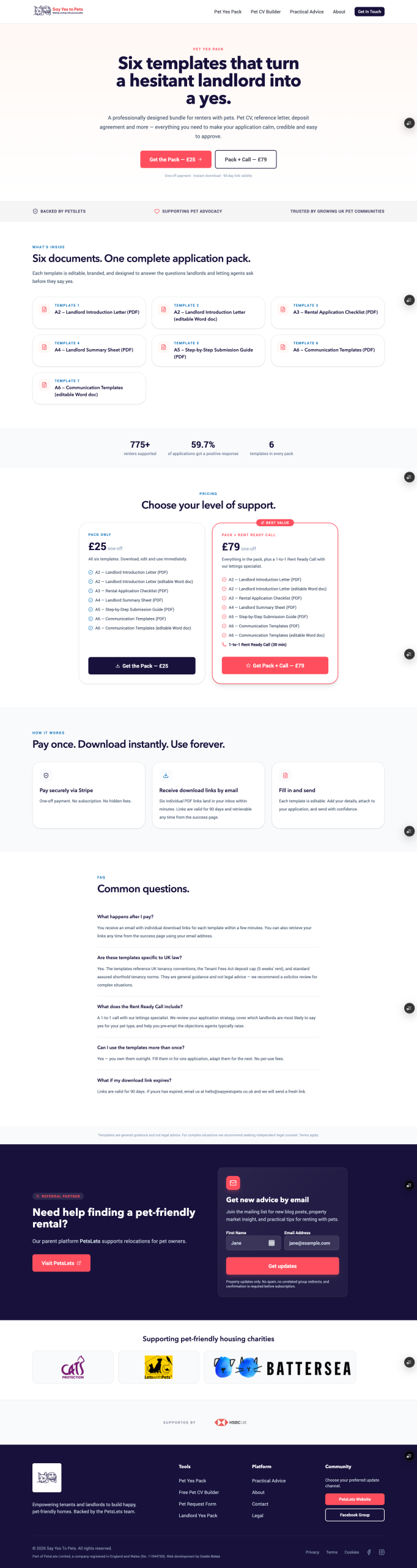Pet Yes Pack sales page showing the six included templates, £25 and £79 pricing tiers and social proof
