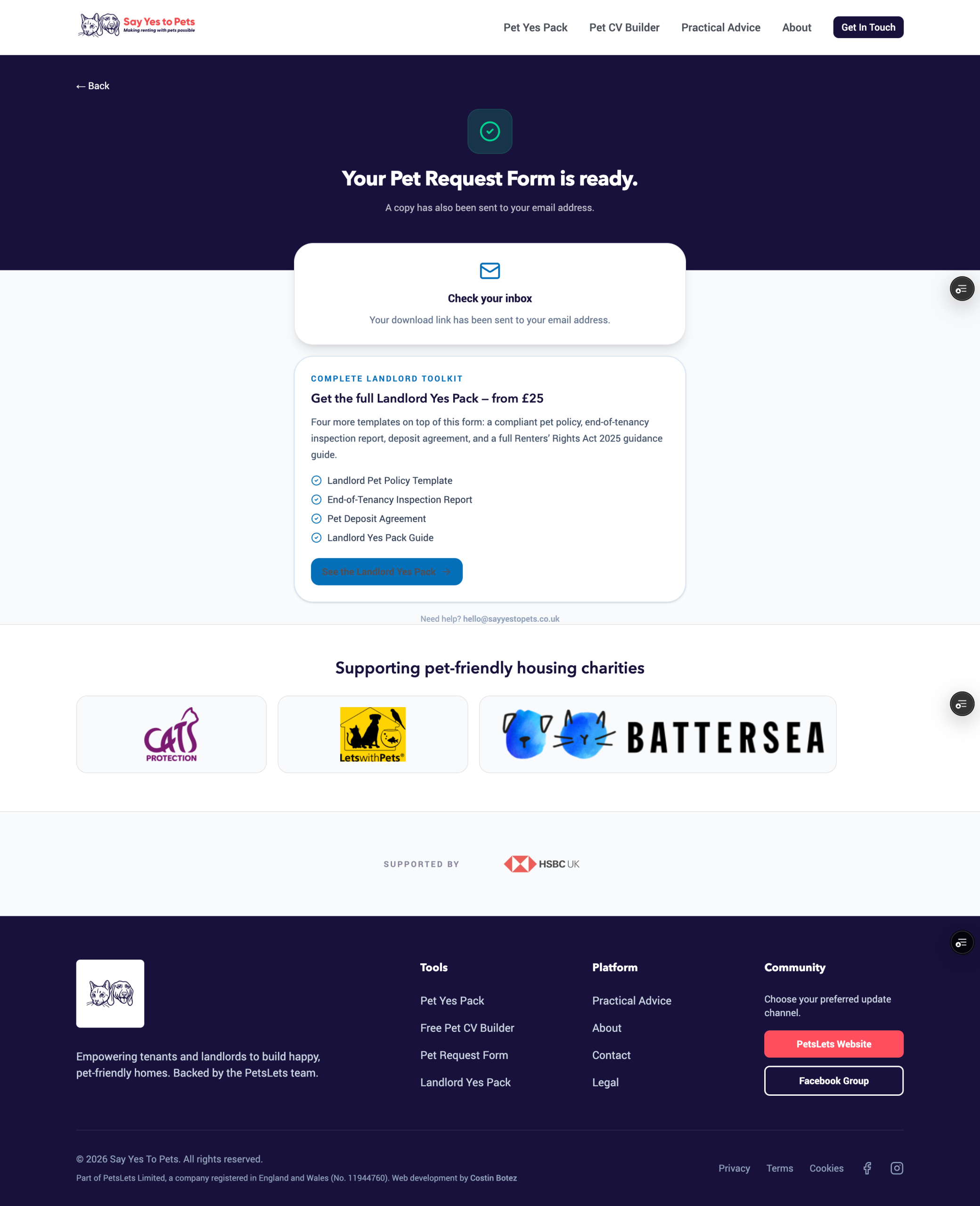 Pet Yes Pack post-purchase page asking for the checkout email to access secure download links