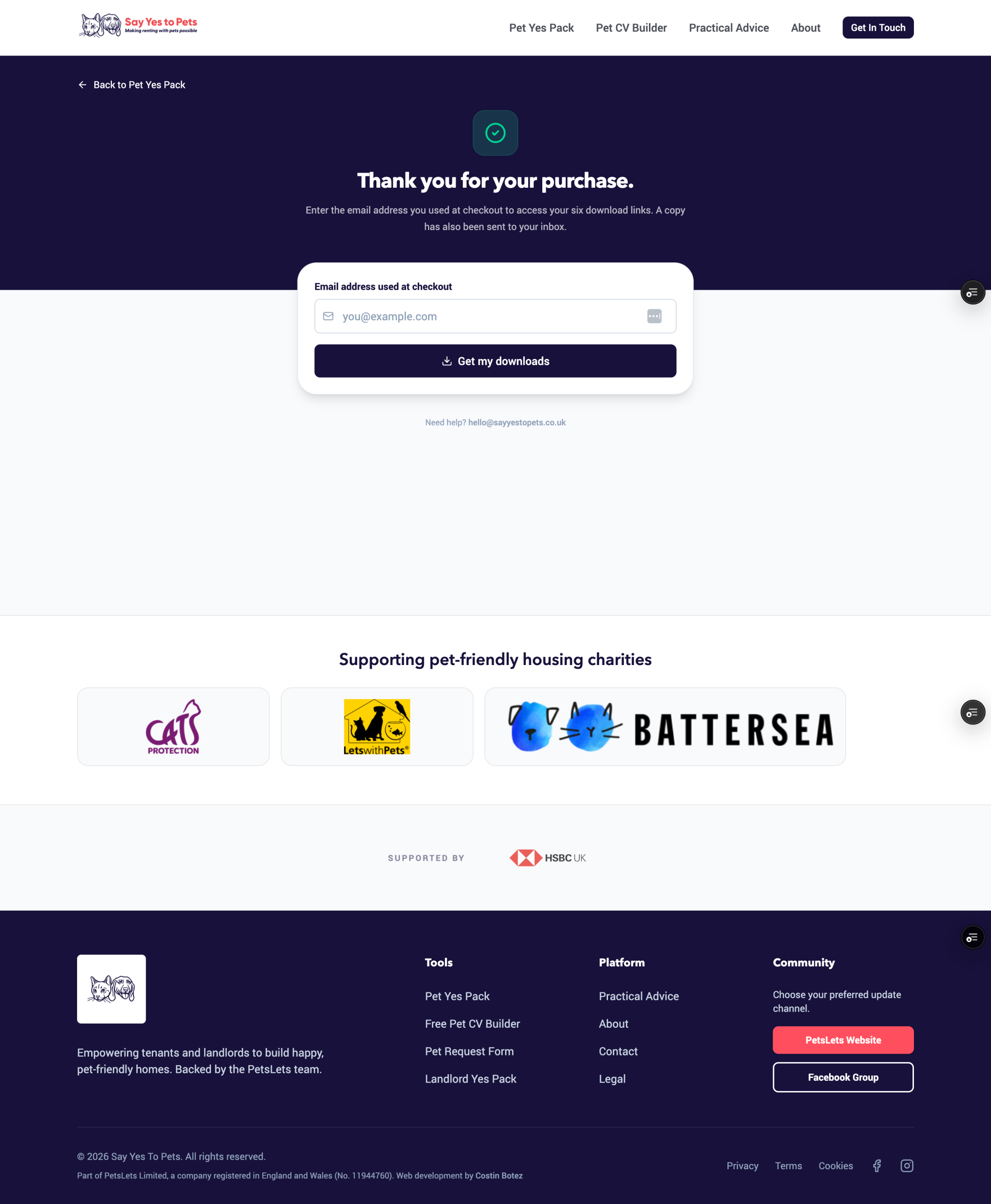 Pet Request Form success page confirming delivery with a Landlord Yes Pack upsell card