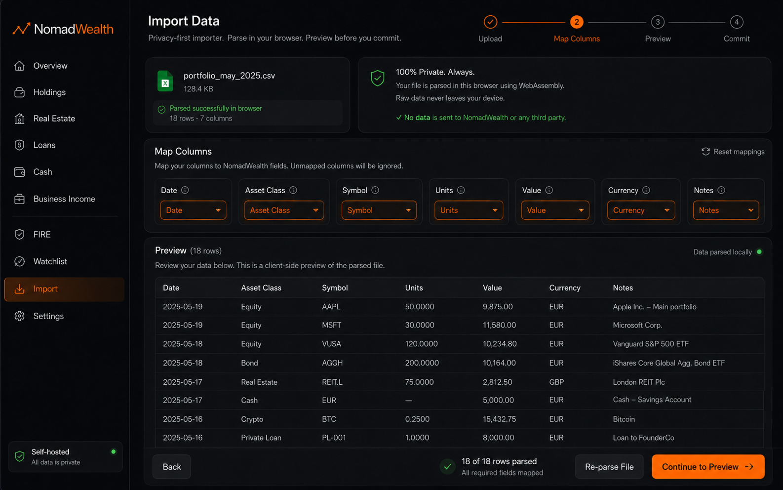 NomadWealth web importer showing a spreadsheet parsed client-side, columns mapped to asset fields and a preview before commit