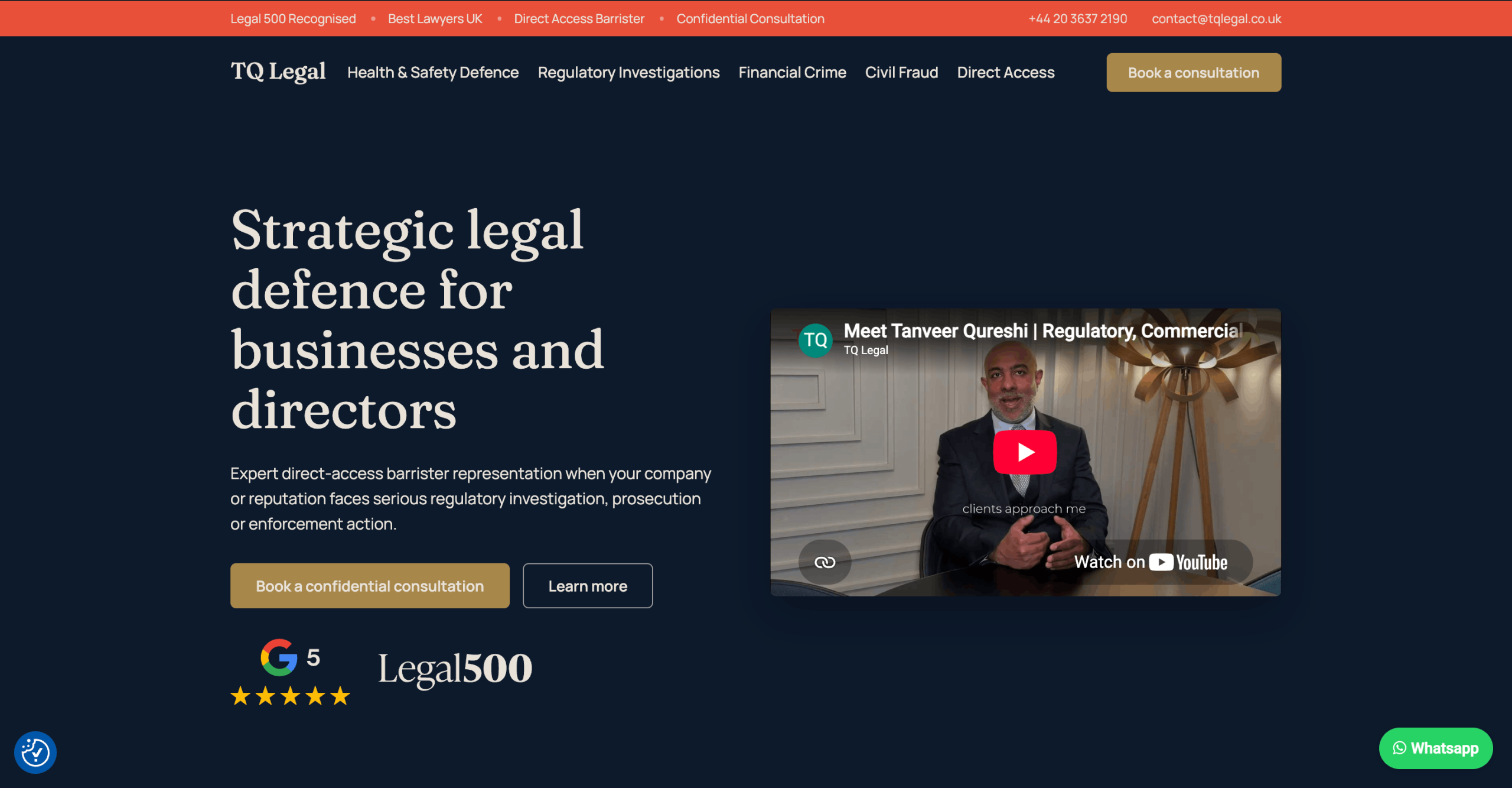 TQ Legal homepage in the new navy, gold and cream brand with a hero, trust badges, enquiry form and practice-area grid